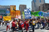 The Bay Area Idle No More group, organized in solidarity with Canadian native peoples, led an Earth Day demonstration earlier this year, co-sponsored by 350 Bay Area and Greenaction, against tar sands pollution. Idle No More is one of the groups organizing the August 3 demonstration. - PEG HUNTER
